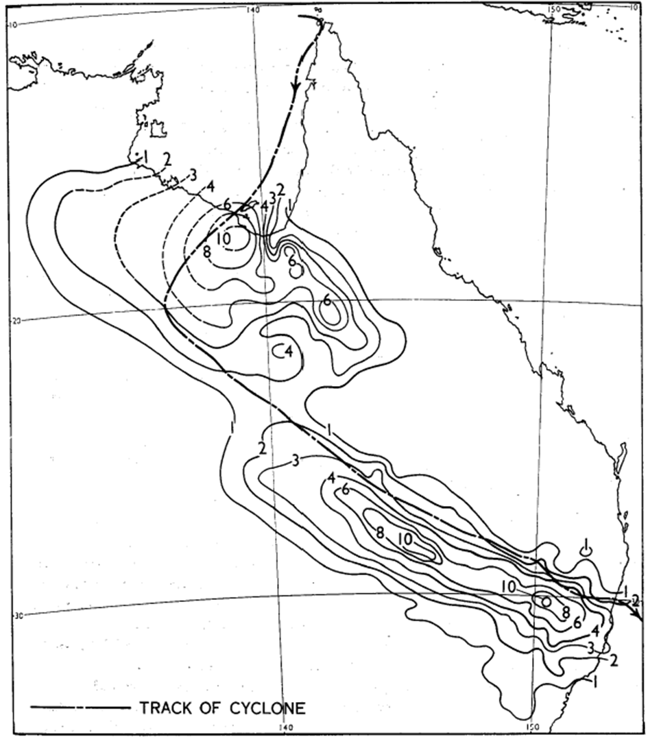 Rainfall (inches) for the 72hours to 9am 15 January 1964.